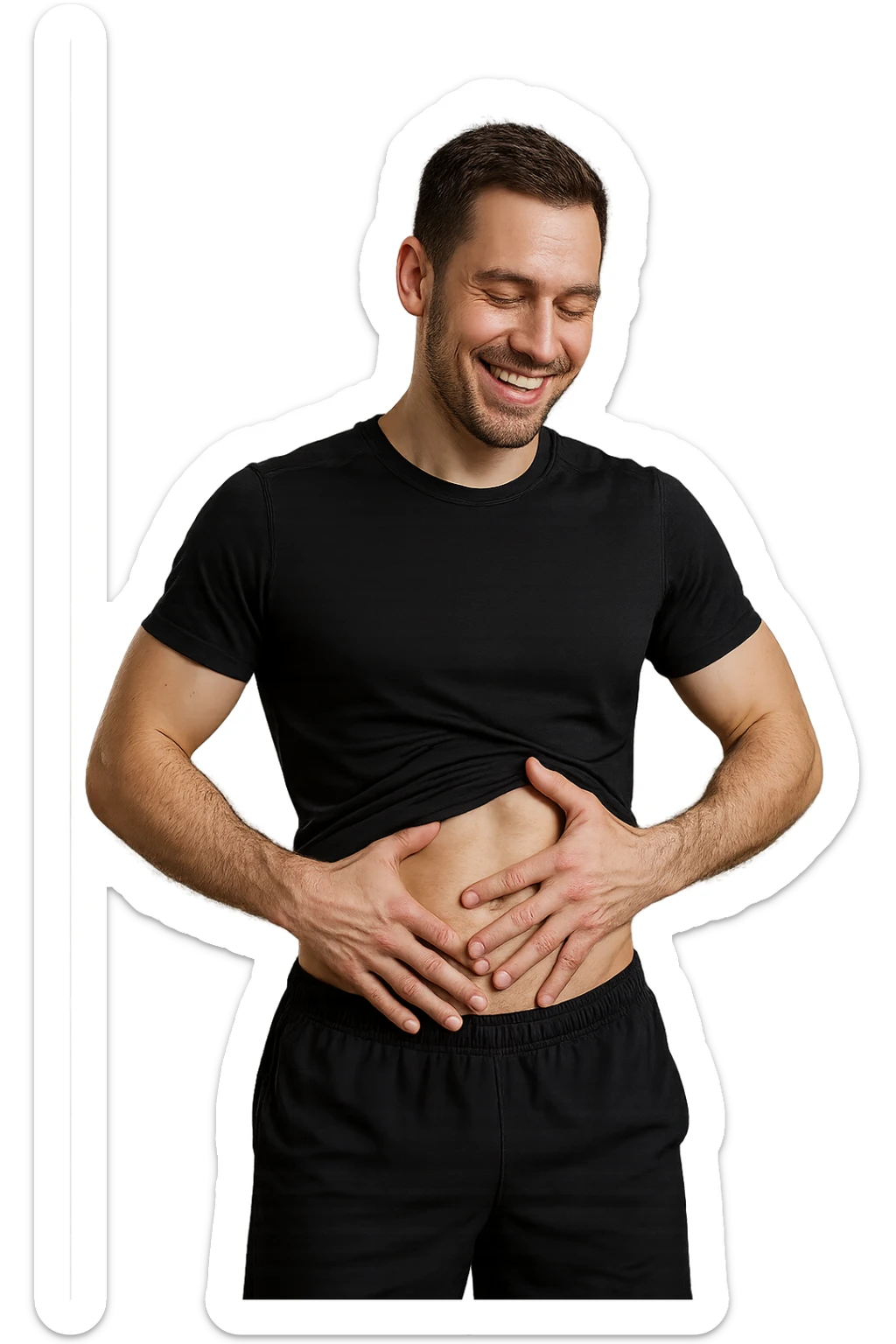 uomo fitness realistico che si tocca la pancia magra felice, iperrealistico 4k sticker