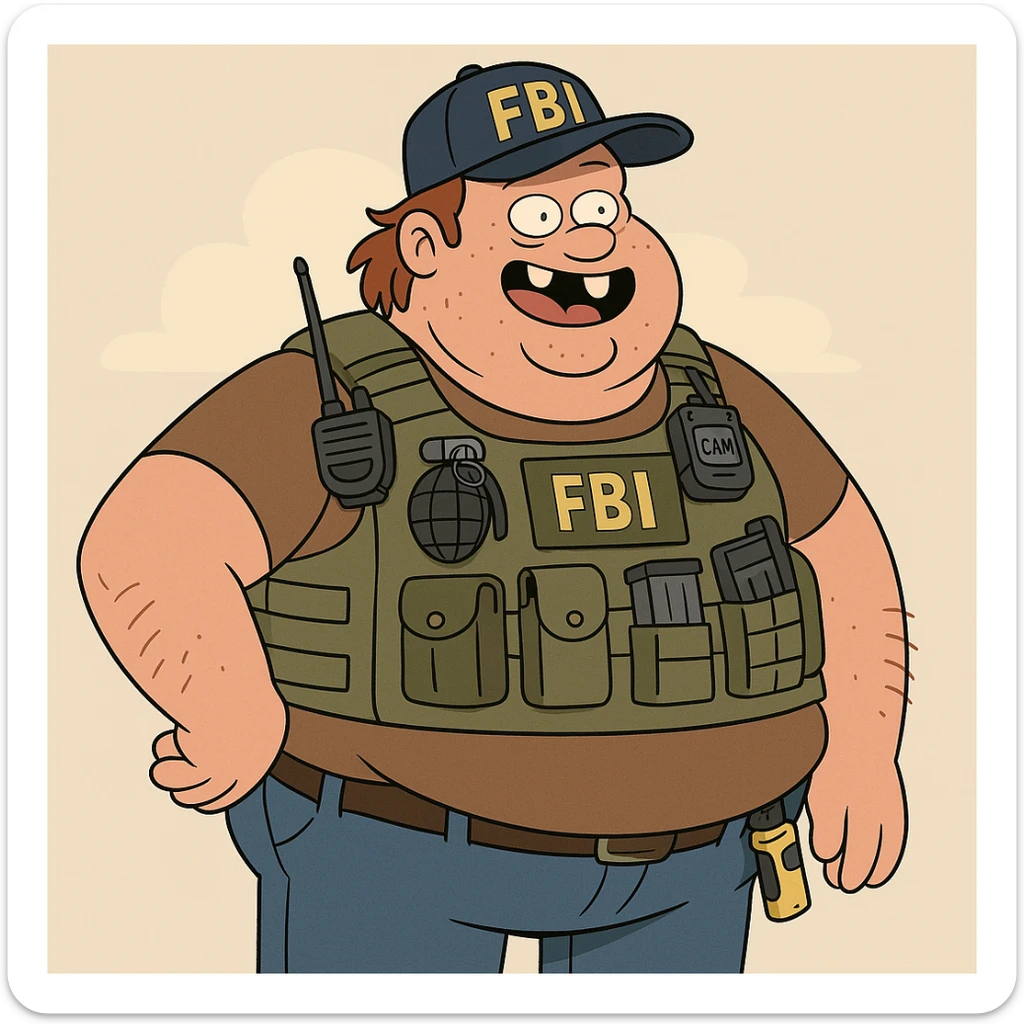 A big, overweight federal agent with prominent buck teeth, wearing a tactical vest loaded with all kinds of gadgets, looking like a redneck, cartoonish and humorous style sticker