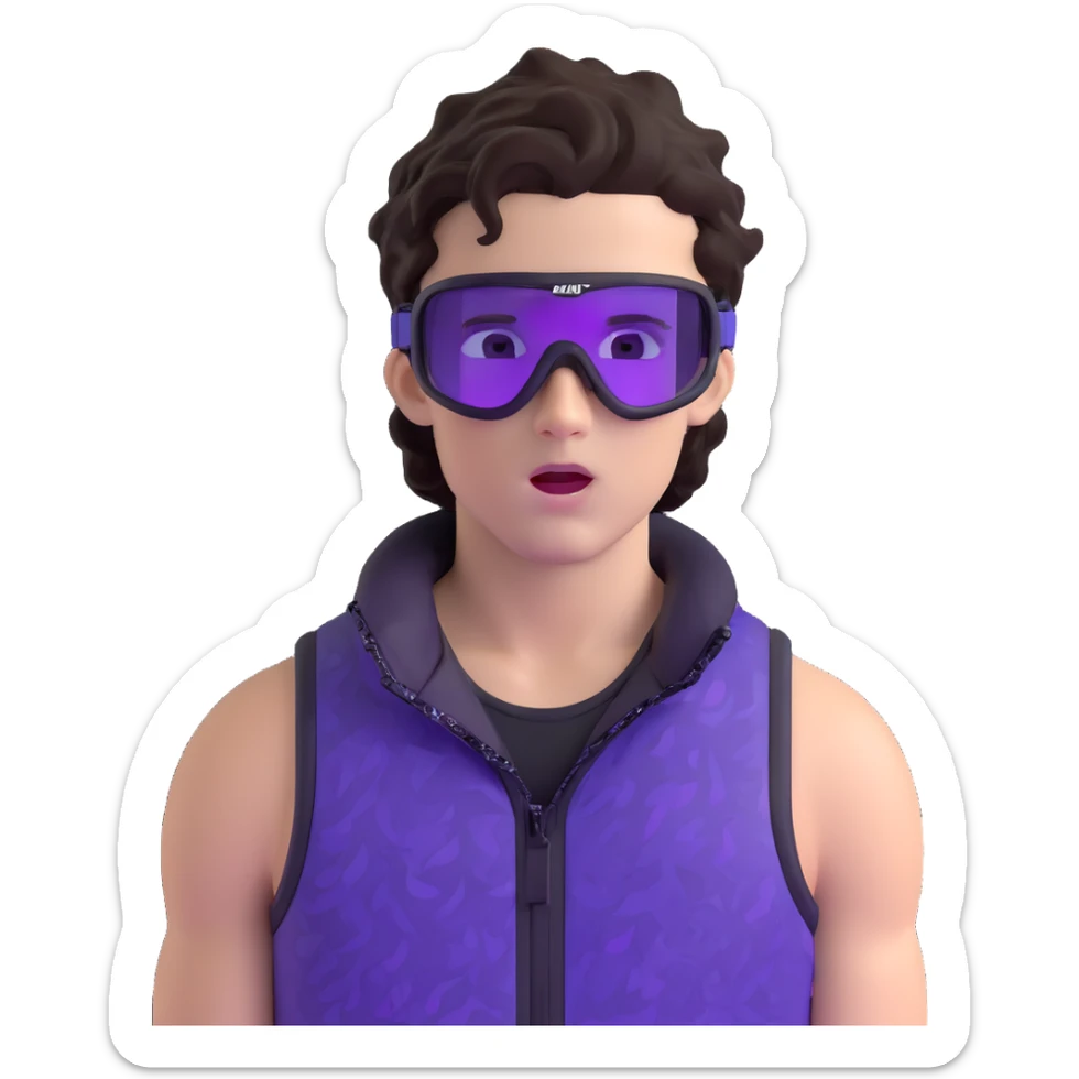 close-up of bad guy male athlete with white skin and moderately curly dark brown hair on top with shaved sides, wearing ski goggles with purple frames and very dark black lenses, a simple plain black chain necklace, and a completely unzipped sleeveless vest with purple and black sequin fire pattern design with no logo, with an extremely arrogant expression sticking his tongue out mockingly, looking menacing and villainous sticker