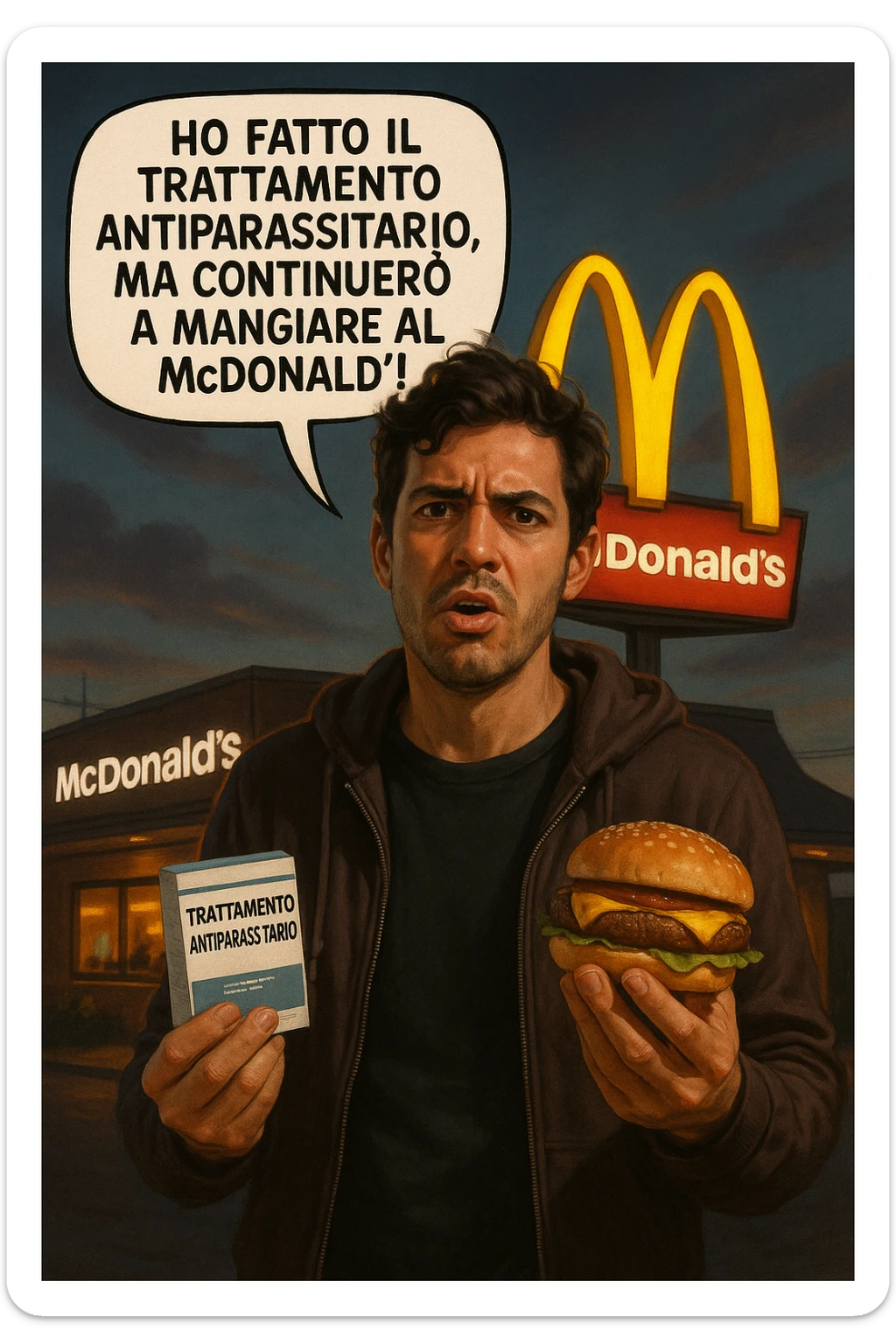 A realistic, cinematic illustration of a man in his early 30s with a confused yet stubborn expression, standing outside a McDonald's at dusk, holding a small box labeled 'Trattamento Antiparassitario' in one hand while holding a large McDonald's burger in the other. He is mid-sentence, saying 'Ho fatto il trattamento antiparassitario, ma continuerò a mangiare al McDonald!' in an expressive speech bubble. The man wears casual streetwear, and behind him, the McDonald's golden arches glow under a neon-lit sky. The mood is ironic and educational, highlighting the contradiction of doing parasite cleanses while continuing unhealthy fast-food habits. The style is realistic with slight illustrative clarity, emphasizing the message humorously while maintaining a serious undertone about lifestyle choices and health in italiano sticker