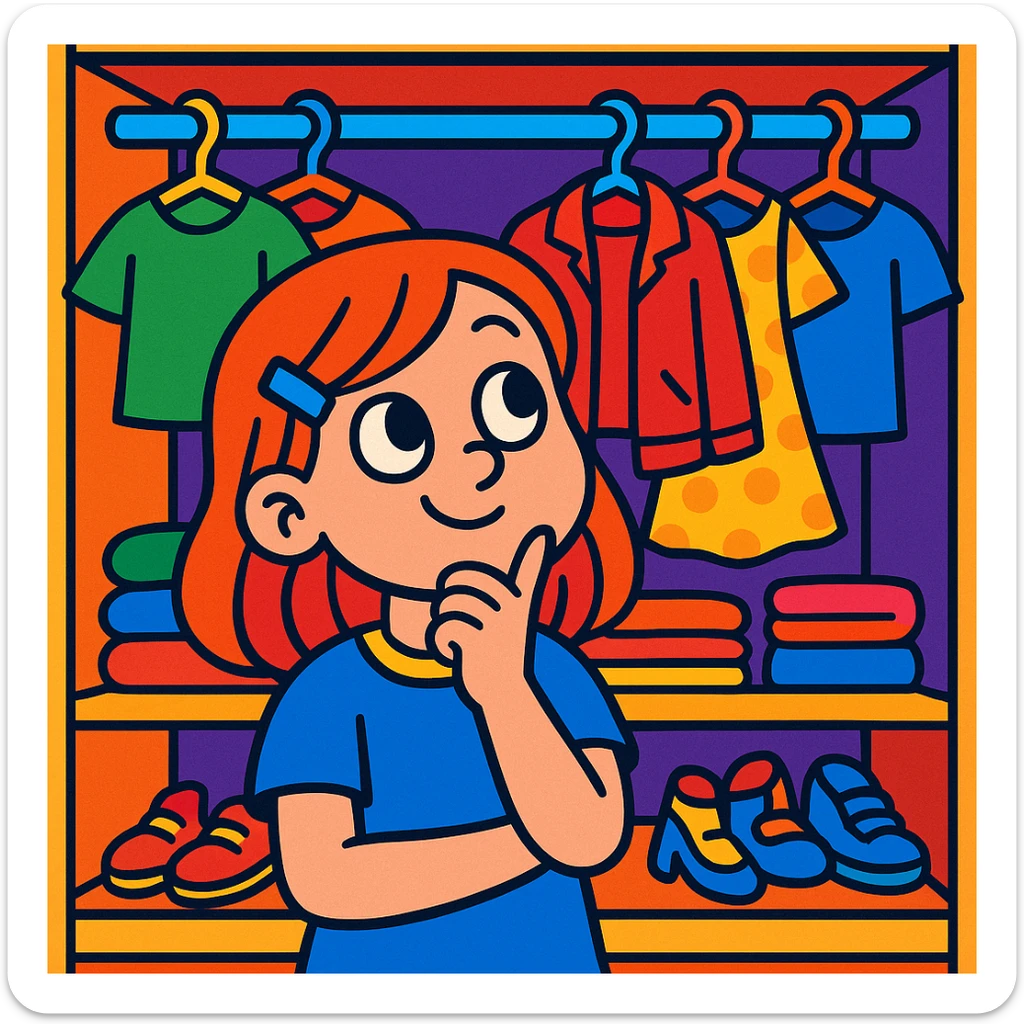 girl with hand on chin, closet full of clothes, playful, vibrant style, colorful, cartoon style sticker