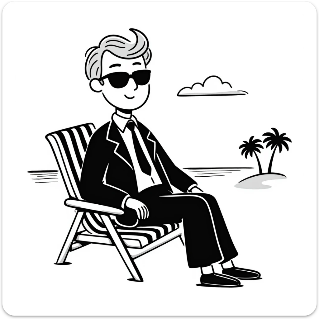 blonde businessman in formal suit sitting in a beach chair on a tropical vacation, relaxing sticker