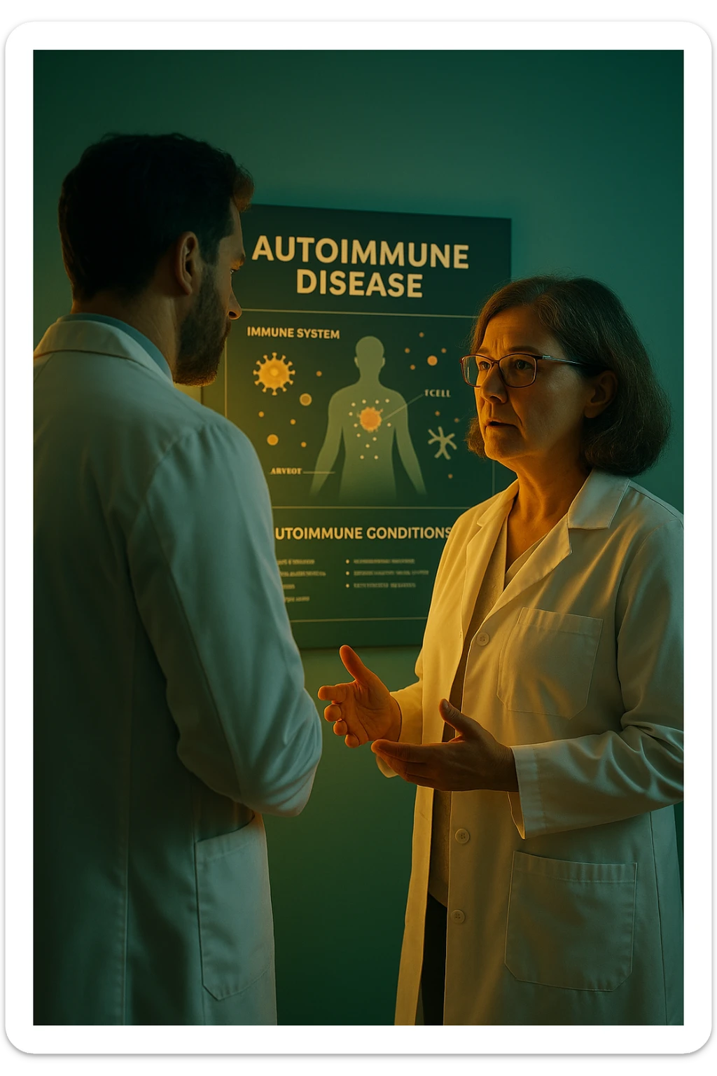 Realistic, detailed photo taken from behind of one doctor e un paziente —a bearded man and a middle-aged woman—standing and facing each other as they discuss an autoimmune disease diagnosis in front of a medical chart that displays information about the immune system and autoimmune conditions. The scene is illuminated by a yellowish, orange, warm light that softly envelops the doctors. The entire room is bathed in a single green-blue color, creating a cohesive and modern atmosphere. Both doctors wear white coats, and their body language suggests a serious, professional conversation about the complexities of autoimmune diseases. Shot with a Canon EOS R5, with high detail and natural depth of field. in italiano sticker