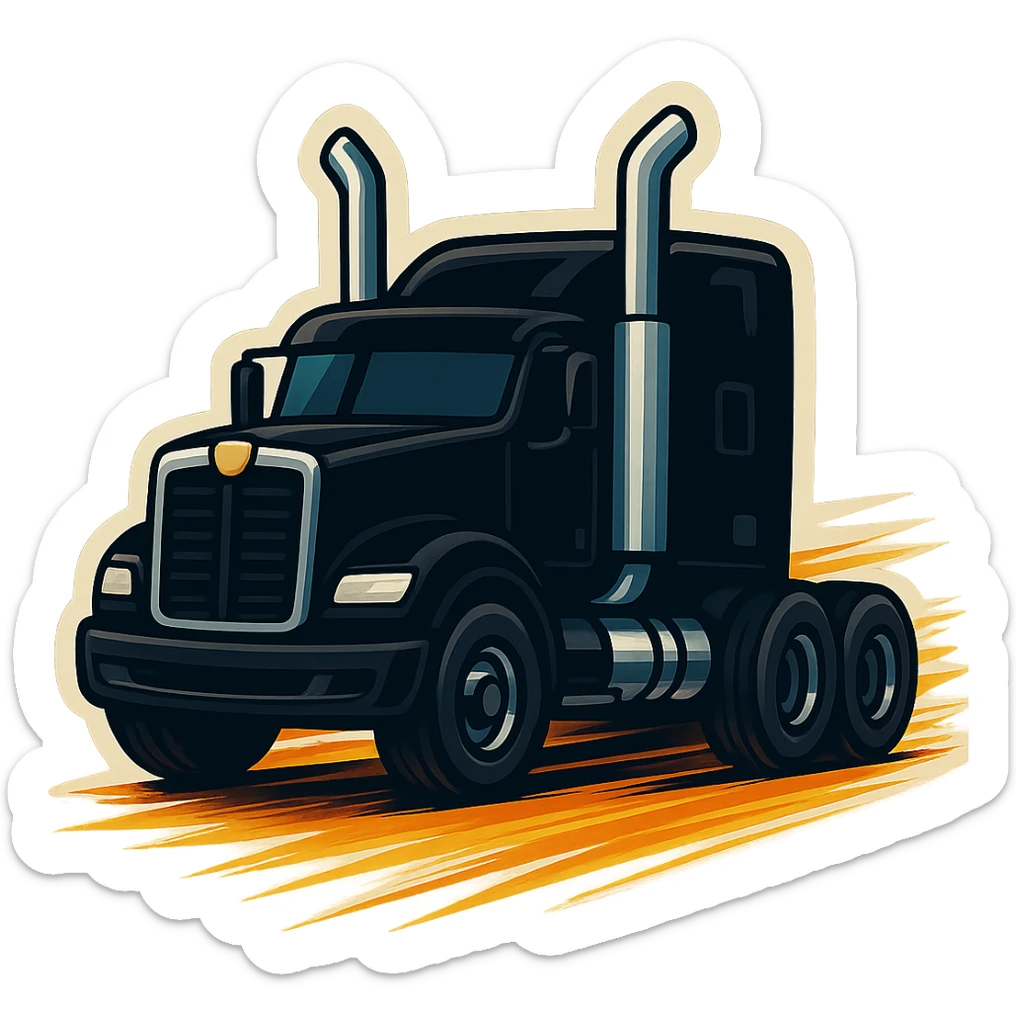 Black Kenworth W680 cartoon truck rolling down the road with shiny chrome stacks, big wheels, fun proportions, and a strong sense of speed and motion. sticker