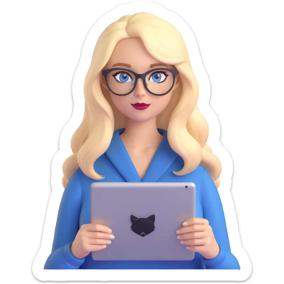 a blonde woman with long hair and blue eyes wearing black cat-eye glasses holding a graphic tablet sticker