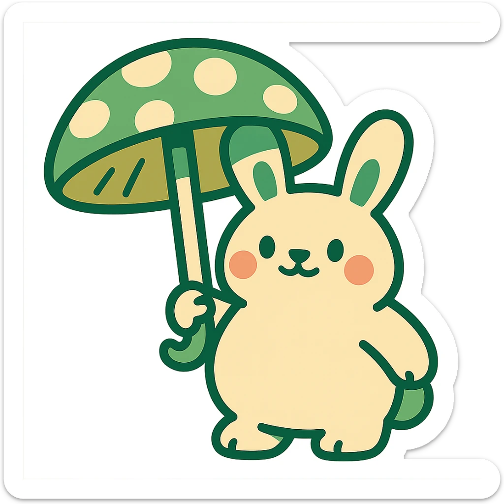 chubby bunny holding a mushroom umbrella, pastel beige and moss green, vibrant toon style sticker
