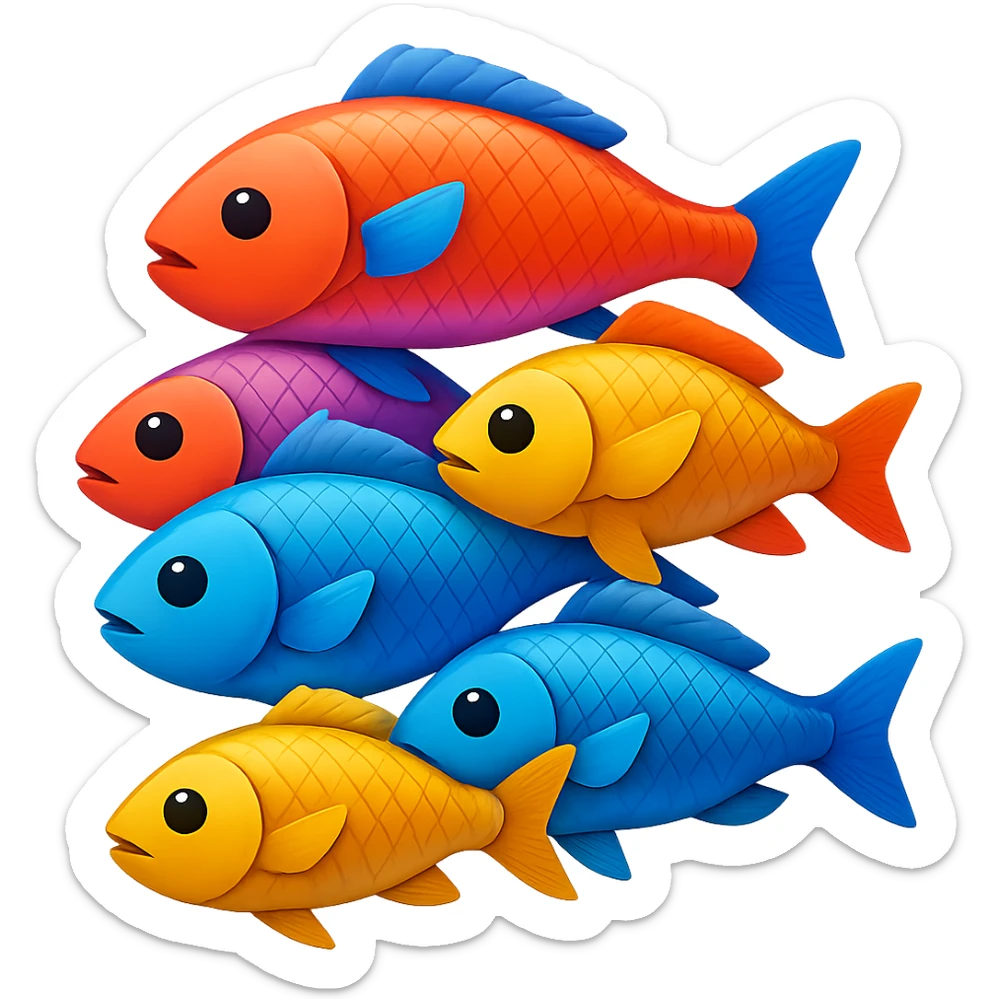 A pile of fish arranged in a pyramid formation in the style of apple emojis, with no background, clean and crisp emoji style. sticker