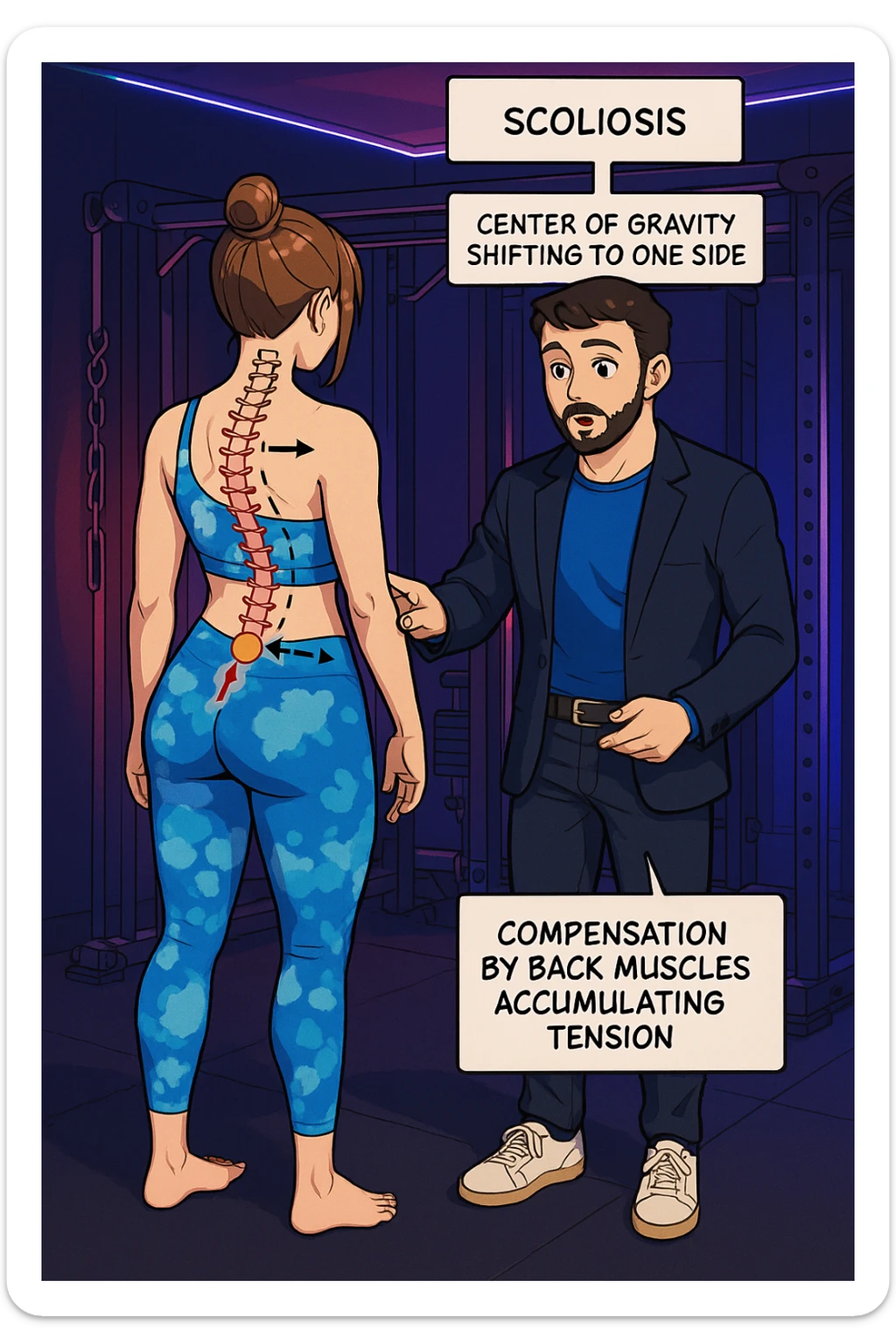 fai questa immagine in versione manga/webtoon a colori, il manga mostra la donna di spalle, mentre l'uomo le tocca la spina dorsale per spiegarle come funziona la scoliosi:
Con una scoliosi il baricentro corporeo cade maggiormente da un lato; per non cadere la schiena compensa accumulando tensione sul fianco opposto.
Il risultato? Si inclina e ruota sempre più, fino a che non cede (discopatie, artrosi, ecc) sticker