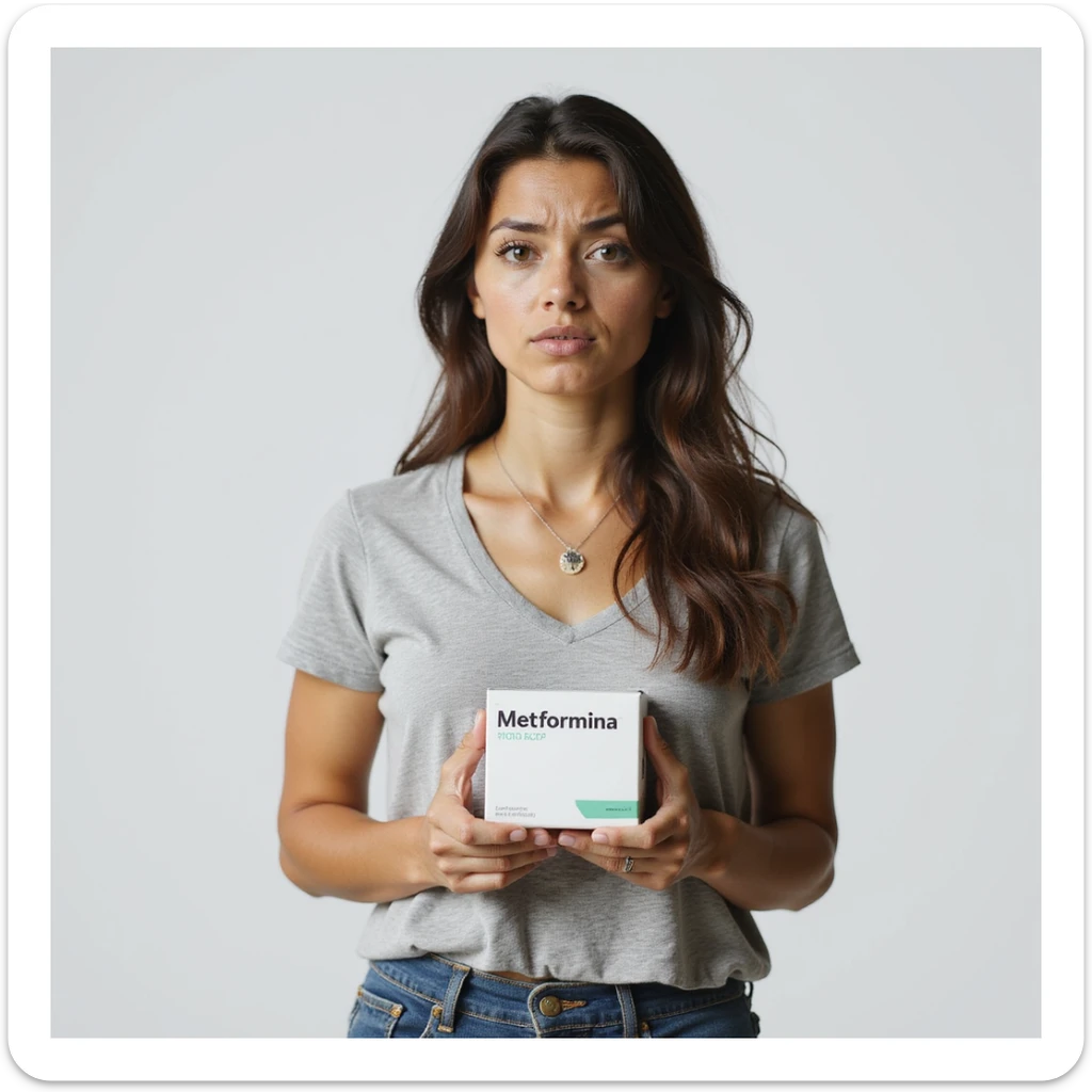 hyperrealistic 4K vertical 9:16 image of a woman with PCOS or insulin resistance standing on isolated white background, holding a box of Metformin with the word 'Metformina' clearly visible, expression disappointed or frustrated sticker