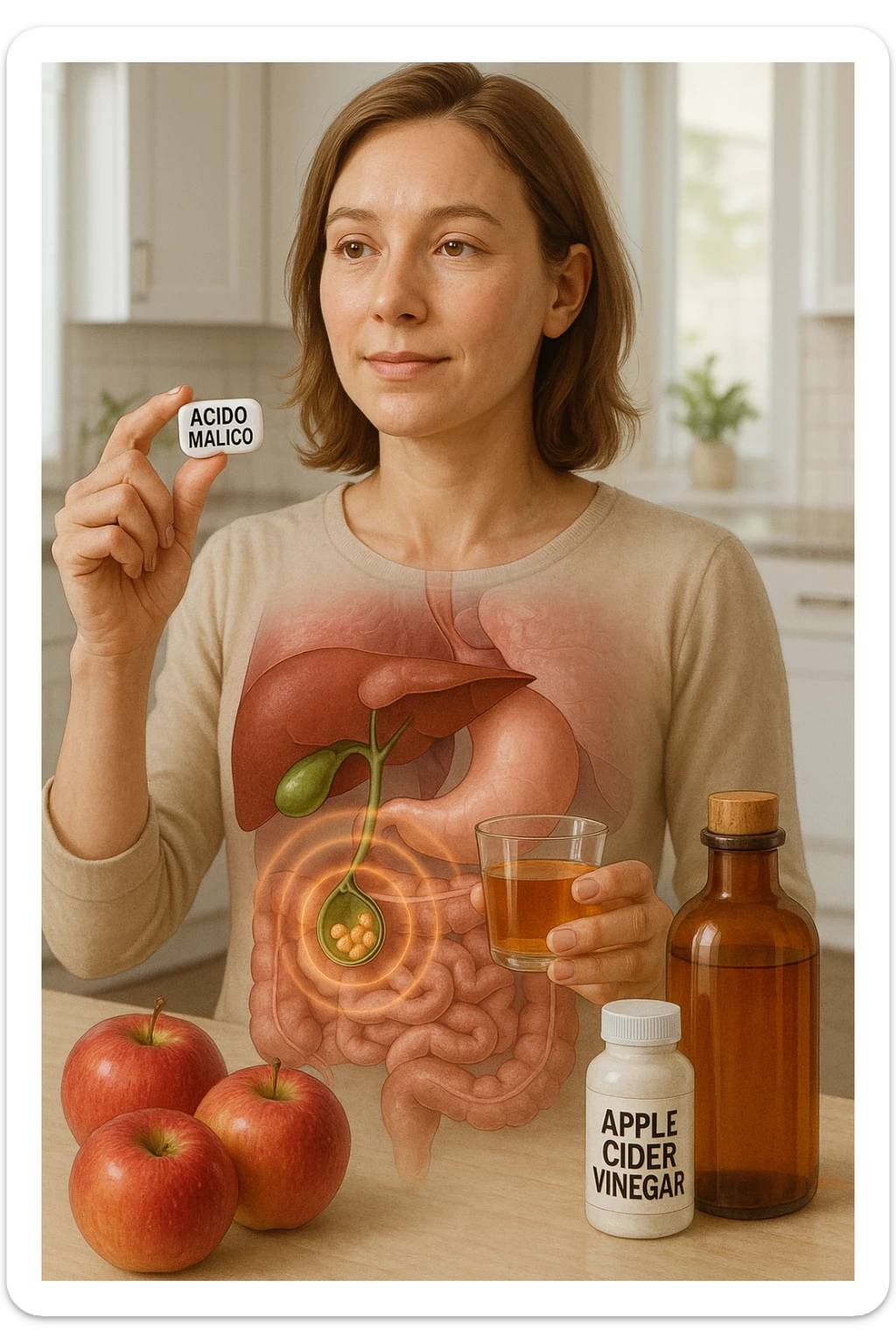 A detailed, realistic illustration or photo-style image showing a person holding a small glass of apple cider vinegar in one hand and a capsule labeled ‘Acido Malico’ in the other. In the foreground or as an overlay, a semi-transparent anatomical view of the abdomen highlights the gallbladder with visible small gallstones inside. Around the gallstones, gentle glowing waves or soft dissolving effects symbolize the softening or breakdown of the stones due to the natural acids. The person looks hopeful and calm, in a bright kitchen setting with fresh apples and natural health products on the counter. The overall mood is informative, natural, and hopeful about non-invasive, natural support for gallstone health sticker