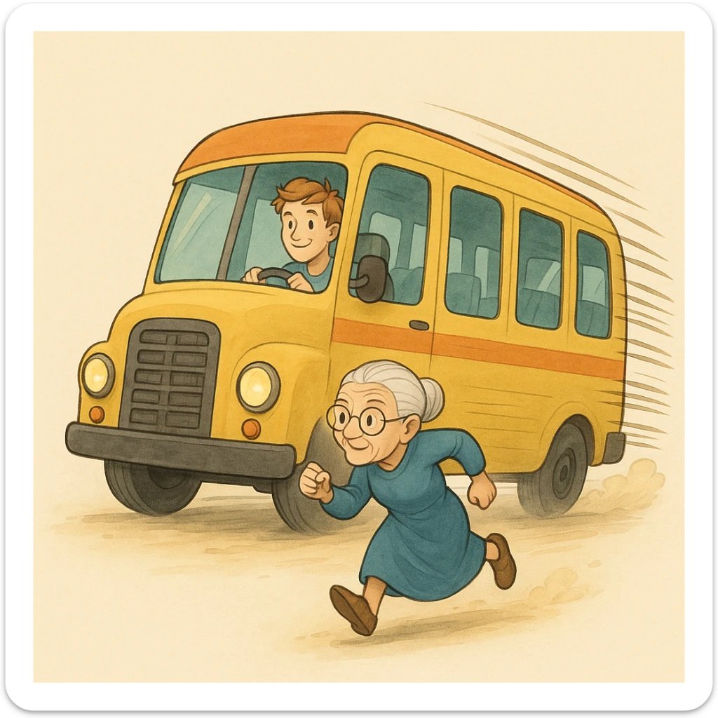 old lady should run to reach the bus, the driver is man under 30 with orange hair sticker