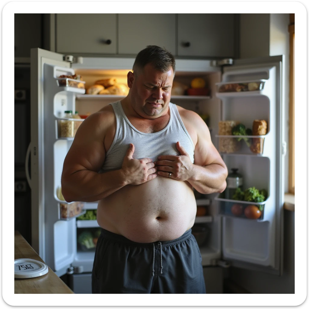 hyperrealistic 4K image of a man in gym shorts and tank top grimacing and clutching his bloated abdomen, standing by a kitchen counter, open fridge behind him full of chicken, rice, broccoli, bathroom scale reading '75kg' nearby sticker