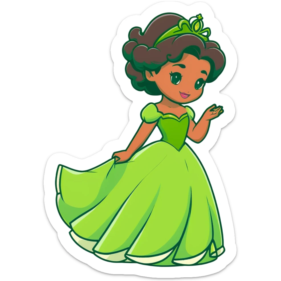 Disney Princess Tiana with extremely long black curly hair, green dress, 2c-3b curl pattern sticker
