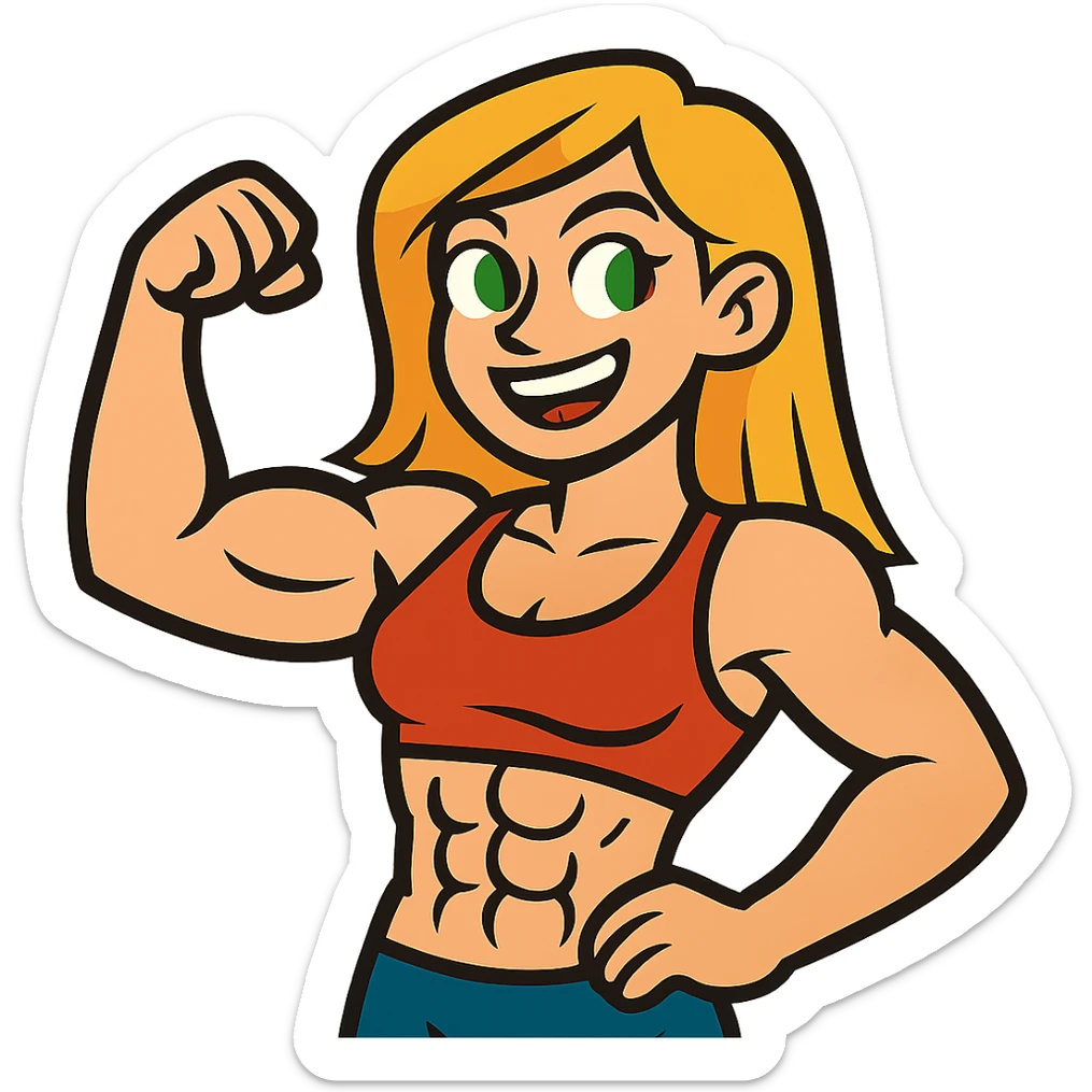 muscular white girl with blonde hair and green eyes, flexing 6 pack abs and one arm bicep sticker