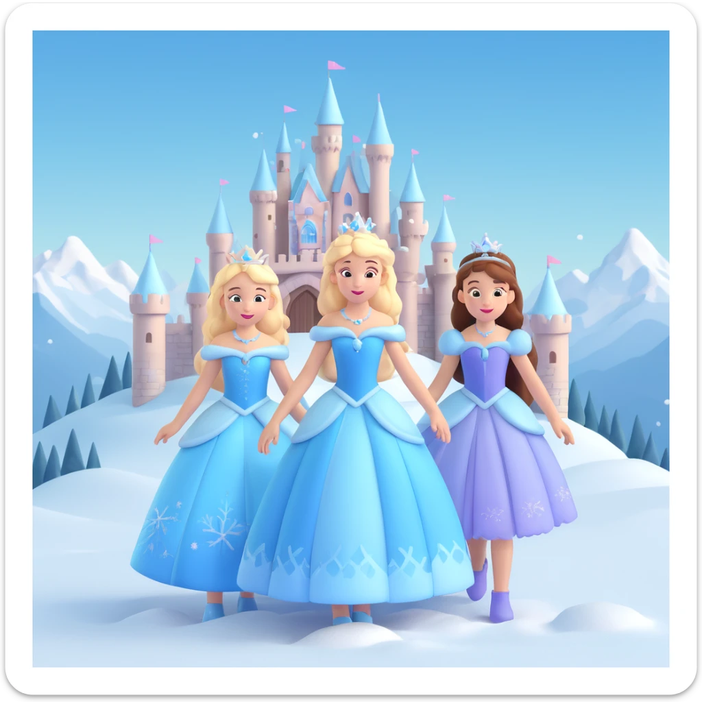 girls in a  snow princess dress, snow castle background sticker