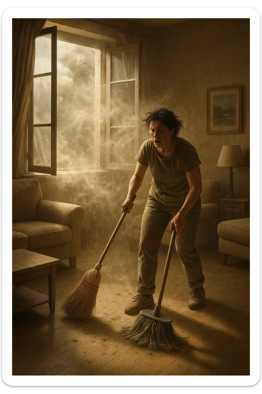 A realistic, cinematic image of a person cleaning a living room with a mop and broom, windows wide open letting in a strong gust of wind. Through the open windows, thick clouds of dust, pollen, and small debris visibly swirl into the room, floating in sunbeams that highlight the particles in the air. The person looks frustrated and tired, mid-action sweeping but clearly battling the incoming dust. Around the room, some furniture and surfaces already show a thin layer of dust settling. The scene is bathed in natural daylight with a slightly hazy atmosphere due to the airborne dust. The color palette uses warm, muted tones emphasizing the contrast between cleanliness efforts and the stubborn dirt and dust invading the space. The focus is on the tension between trying to clean and the unavoidable mess coming in from outside. sticker