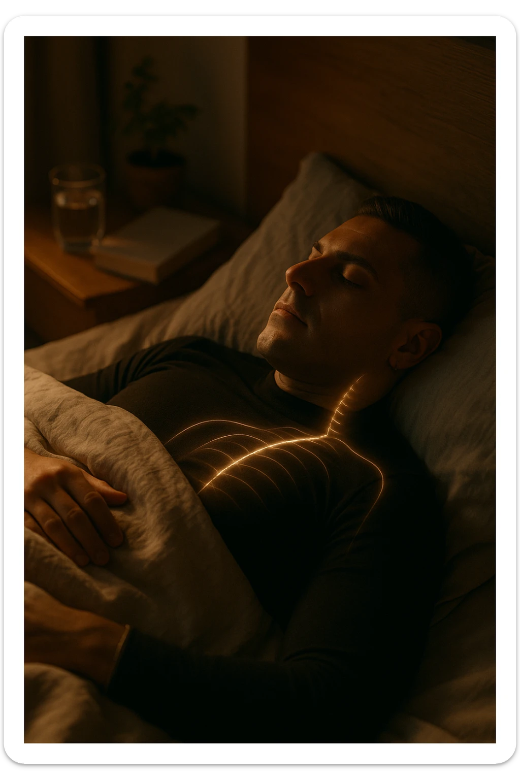 A cinematic close-up of a man in his early 30s sleeping peacefully on his back in a softly lit bedroom. His breathing is calm, chest rising slowly. The sheets are slightly crumpled, natural linen textures in warm beige tones. His face is relaxed, with faint light illuminating the side of his cheek and temple from a nearby window. Around his body, faint glowing lines follow the spine and head, symbolizing deep nervous system recovery and hormonal balance. On the nightstand: a glass of water, a book, and no electronics. The room is quiet and grounded, with natural elements like a small plant and a wooden headboard. Shot in 35mm cinematic style, with warm ambient tones, shallow depth of field, and a peaceful, healing atmosphere sticker