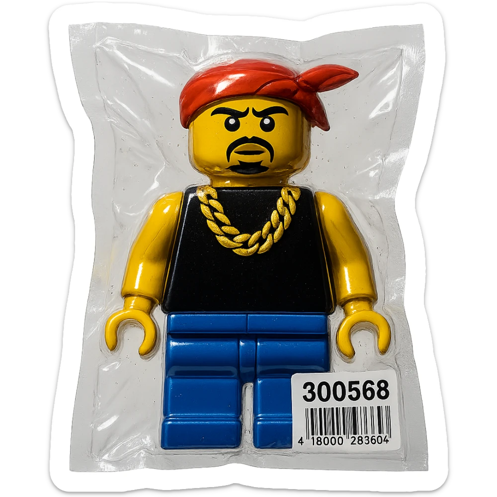 Lego character inspired by Tupac Shakur, with bandana and gold chain, shiny and inflated sticker