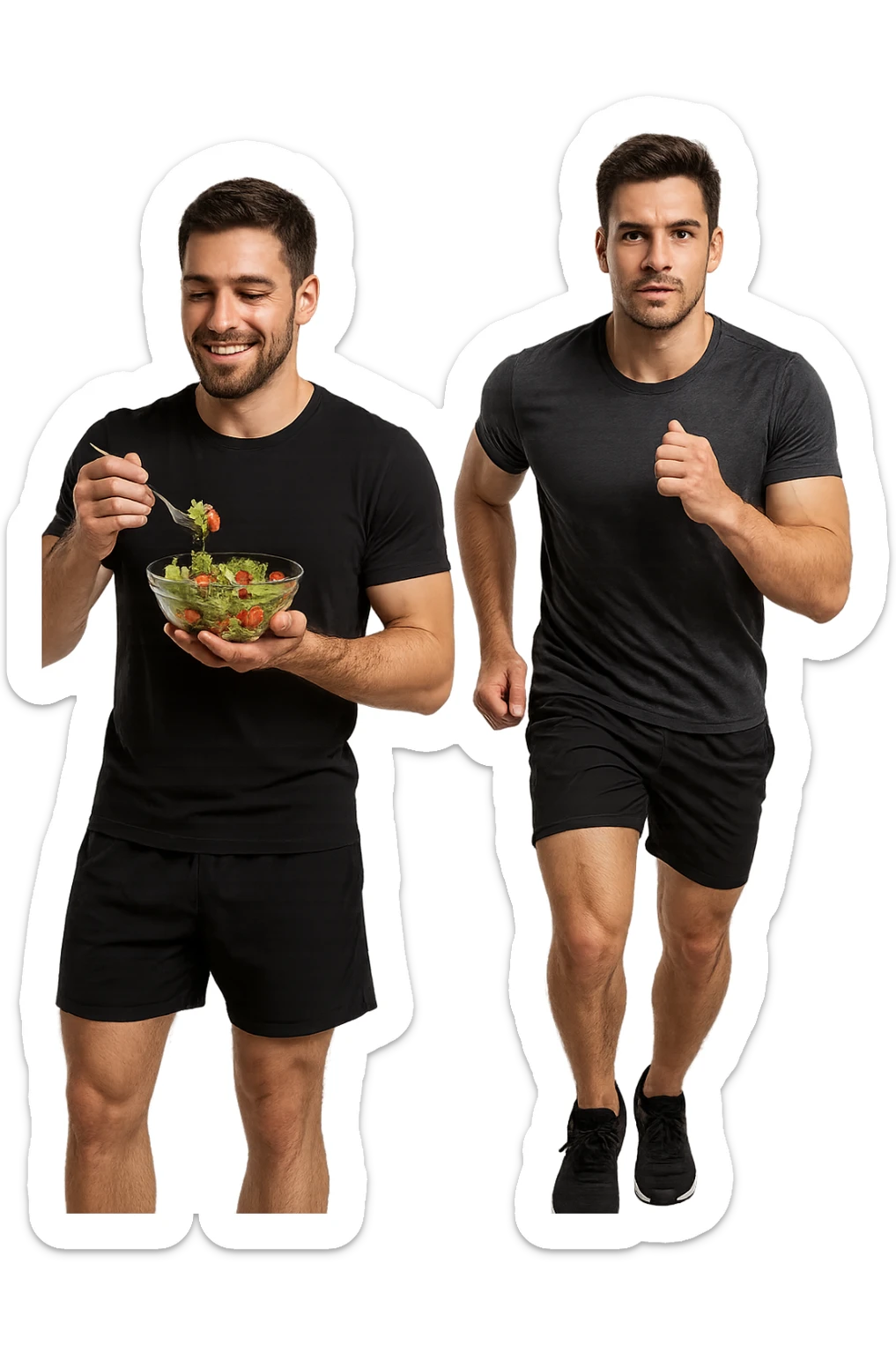 UOMO FITNESS CHE MANGIA INSALATA ACCANTO A UOMO FITNESS CHE CORRE IN POSA FRONTALE sticker