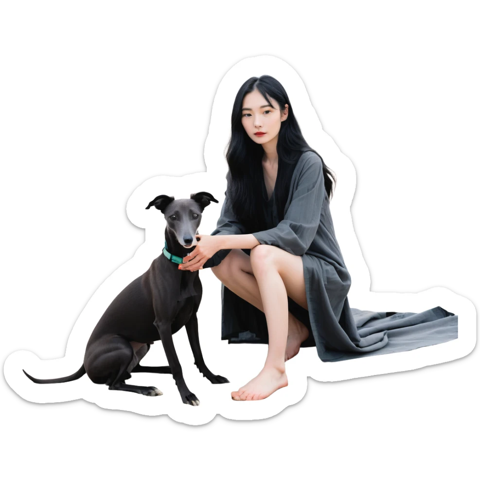 A very beautiful and attractive 25-year-old Chinese woman with long flowing black hair and a SOLID DARK GREY whippet sitting together on a beach during a beautiful sunset. The whippet MUST be COMPLETELY SOLID DARK GREY with ABSOLUTELY NO WHITE MARKINGS ANYWHERE - no white chest, no white face, no white paws, no white tip on tail - ENTIRELY ONE SOLID DARK GREY COLOR throughout the entire dog. Orange and red sunset sky over the ocean, sandy beach in the foreground. sticker