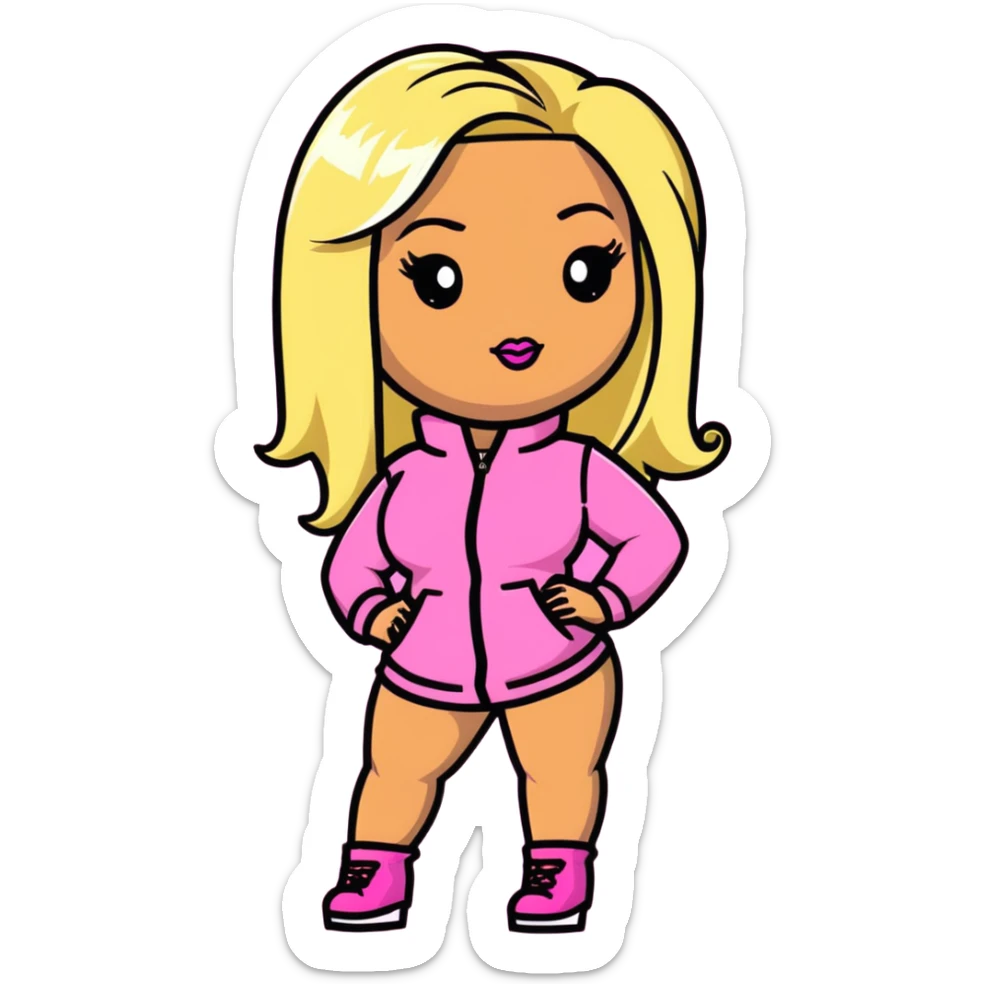 Nicki Minaj wearing a pink outfit with blonde and pink hair sticker