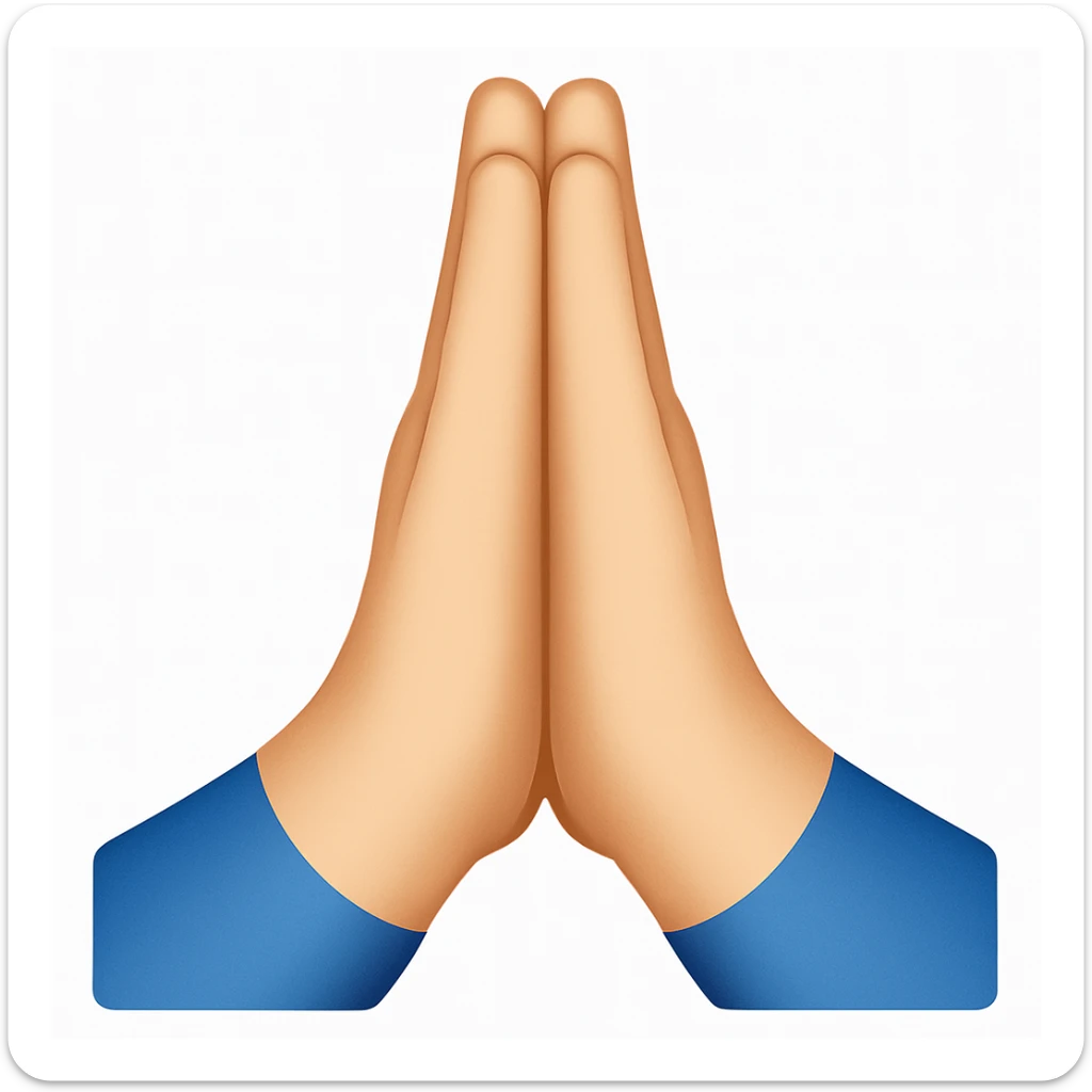 Caucasian hands together in prayer, point of view with thumbs in front, in emoji style. sticker