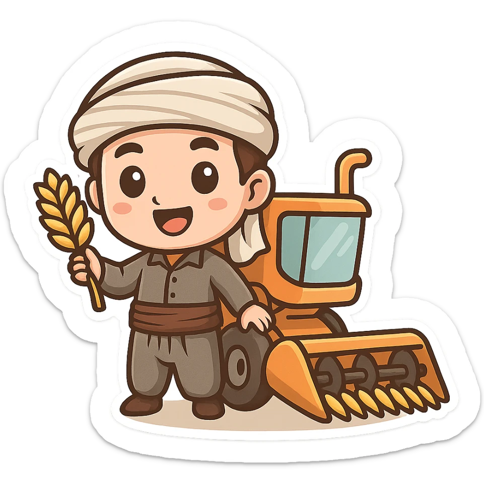 chibi cartoon sticker of a cheerful Kurdish farmer harvesting wheat with a combine harvester sticker