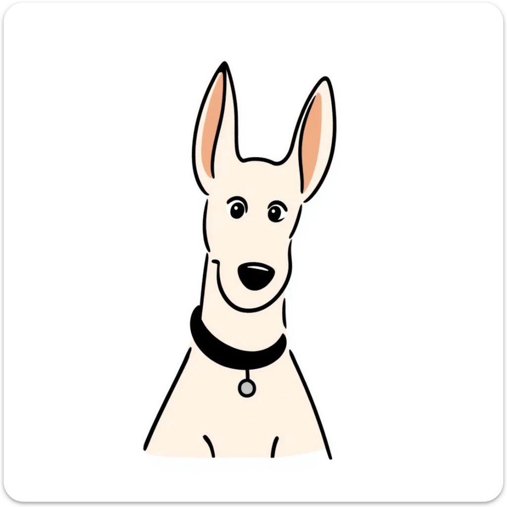 A Doberman dog with pointy ears and sleek body in pastel colors (dd9fb0, ffc6d3, a3bfc9, c4bee2, f1b091), hand-drawn doodle style sticker