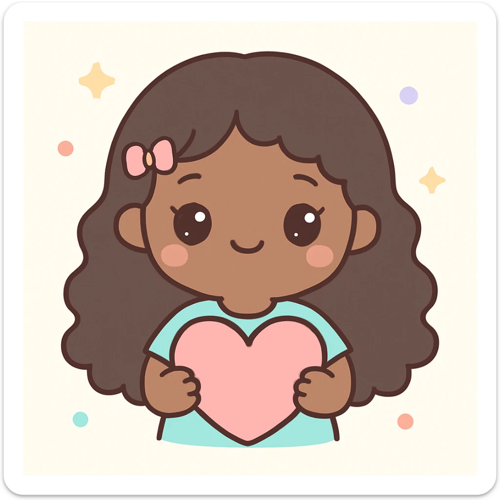 A cute black girl with long curly hair holding a pink heart, kawaii style, adorable, big eyes, pastel colors, sweet and charming sticker