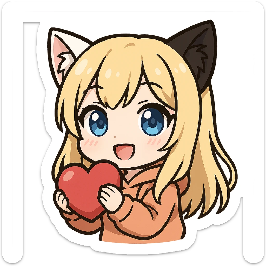 chibi anime catgirl with one white cat ear and one black cat ear, longer blonde hair, blue eyes, white skin, peach colored hoodie, cute, hugging a heart, twitch emote style, no background sticker