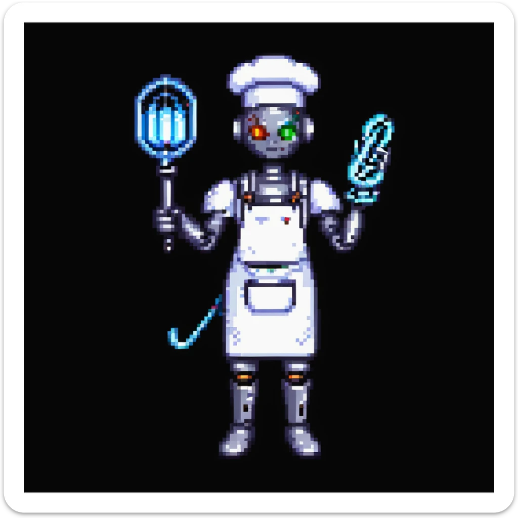 Portrait of a cyborg baker with a mechanical arm holding a whisk, glowing eyes, chrome apron, skeuomorphism style sticker