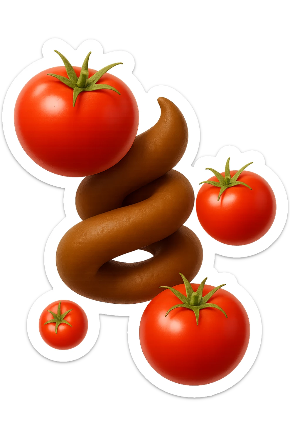 emoji stile iphone di pomodori che fluttuano in aria con colon attorcigliato intorno, iperrealistico 4k, isolato su sfondo bianco sticker