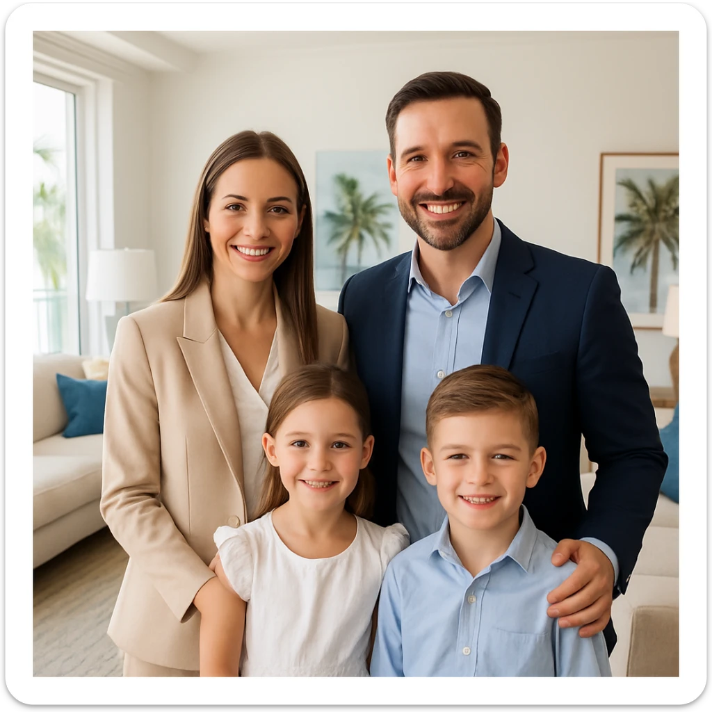 Foto hiper realista que refleje a nuestro cliente ideal de real estate: familias profesionales que desean mudarse a Miami o adquirir una segunda residencia. Familia tradicional de madre, padre, hijo e hija. sticker