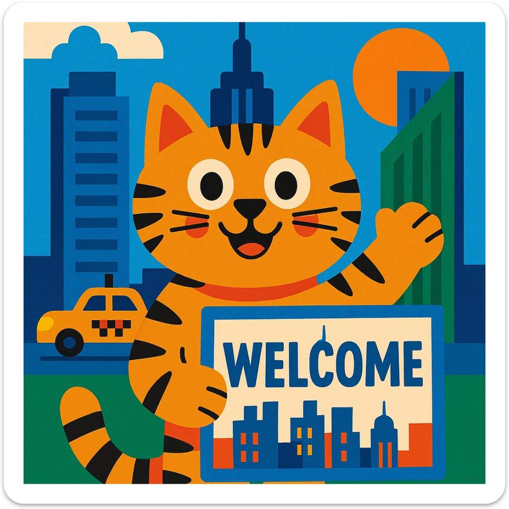 A New York themed cat holding up a welcome sign, with city elements like skyscrapers and a yellow taxi in the background, fun and inviting style, vibrant toon illustration sticker