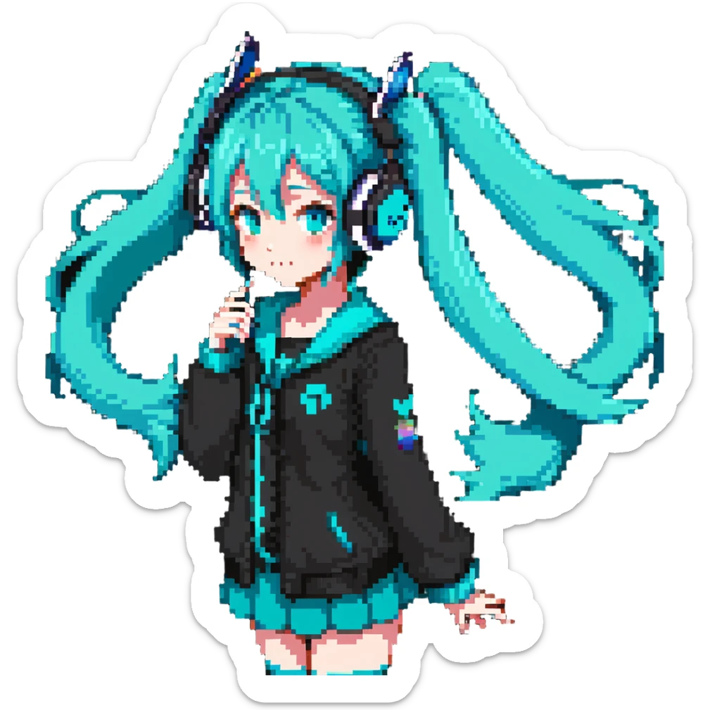 Hatsune Miku with teal twin tails, headphones, and signature outfit sticker