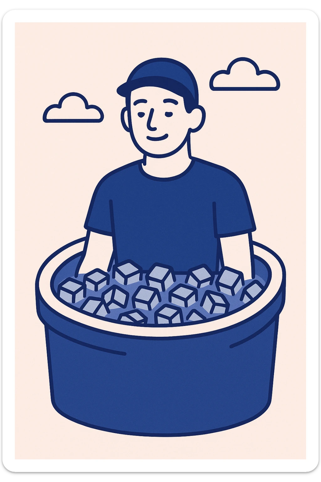 person sitting in an ice bath, relaxed expression, visible ice cubes, minimalist style sticker