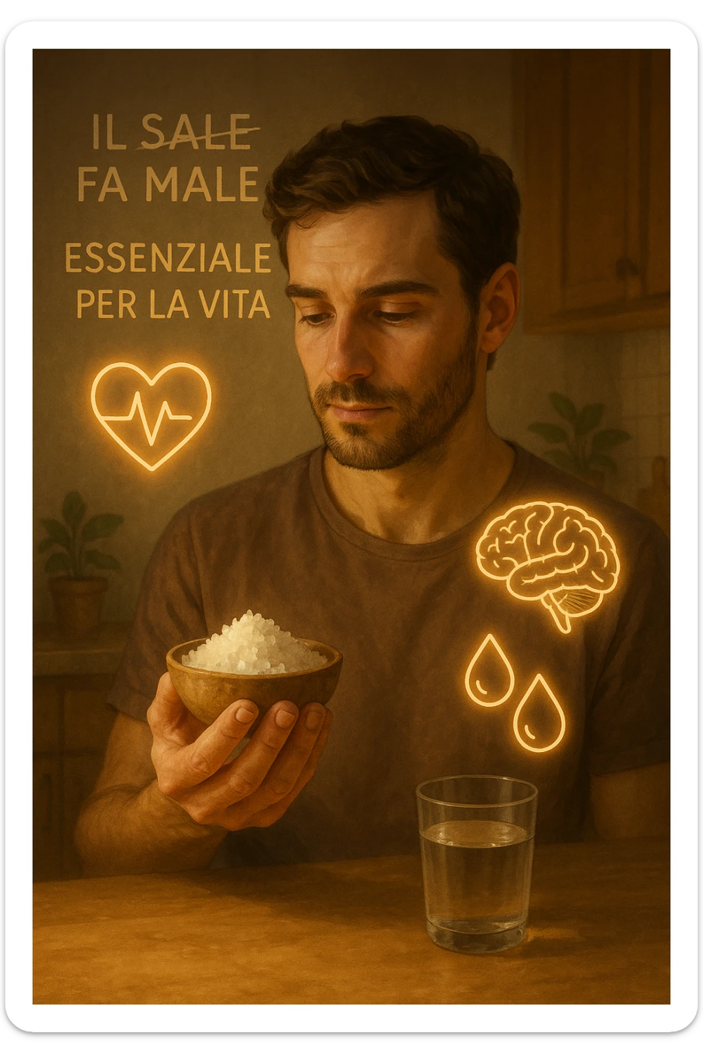 A realistic, cinematic illustration of a man in his early 30s holding a small bowl of unrefined sea salt in his hand, looking at it with awareness and respect. Around him, glowing minimalistic symbols of a beating heart, a brain, and hydrated cells appear, indicating the essential role of sodium in hydration, nerve conduction, and overall cellular health. In the background, faint text or floating words show the false myths: ‘Il sale fa male’, crossed out gently, while the phrase ‘Essenziale per la vita’ glows softly. The setting is a warm, softly lit kitchen with a glass of water nearby, emphasizing balance. The color palette is warm, natural, and calming, emphasizing that salt, when used consciously, is vital for human health, against common misconceptions demonizing it. sticker