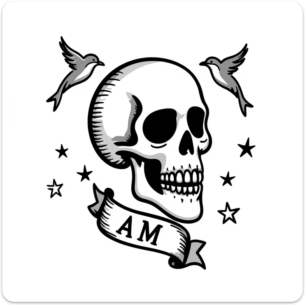 Old school Americana tattoo skull with nautical stars and swallows sticker