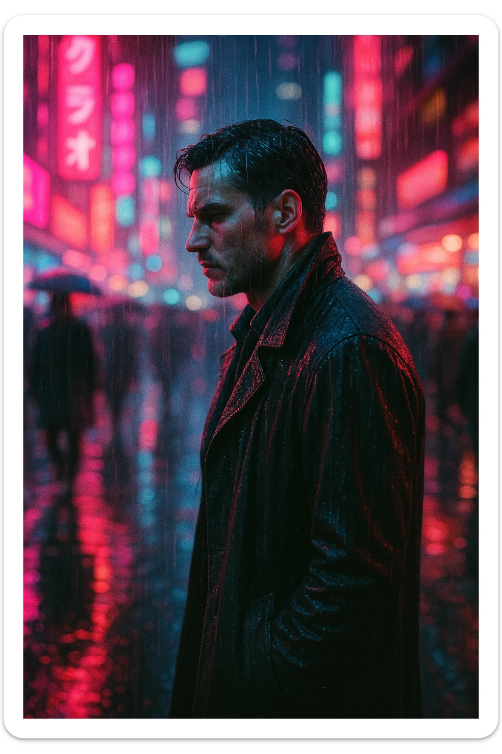 cinematic cyberpunk portrait of a man walking through a neon-lit futuristic city at night, heavy rain, soaked trench coat, neon reflections on wet street, dramatic side profile, serious expression, vibrant pink and blue ambient lighting from neon signs, busy urban street with motion blur of rushing crowd, shallow depth of field, shot on 35mm film, detailed textures, moody Blade Runner atmosphere, camera 35mm lens aperture f/1.4, lighting ambient neon rim lighting, colors neon cyan magenta purple electric blue hints of deep red, mood introspective tense noir detective, post-processing analog film grain slight chromatic aberration sticker