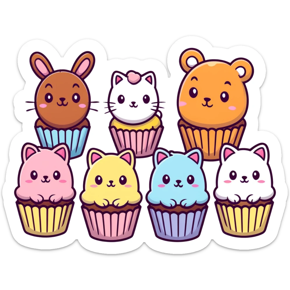 mini cupcakes with animal faces of bear, cat, and rabbit, soft pastel tones, cartoonish sticker style, transparent background sticker