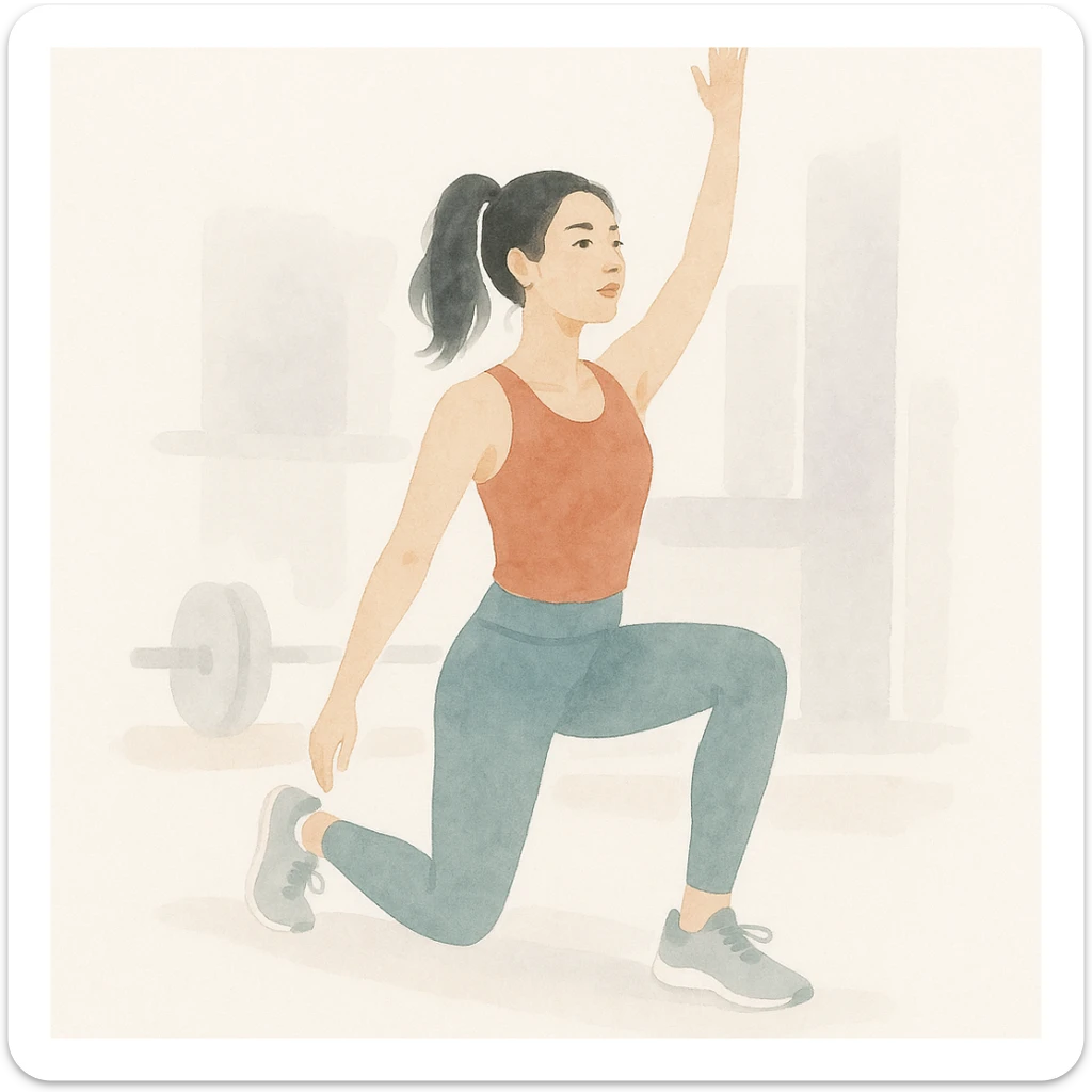 Asian woman doing a routine workout, energetic, fitness attire, gym background sticker