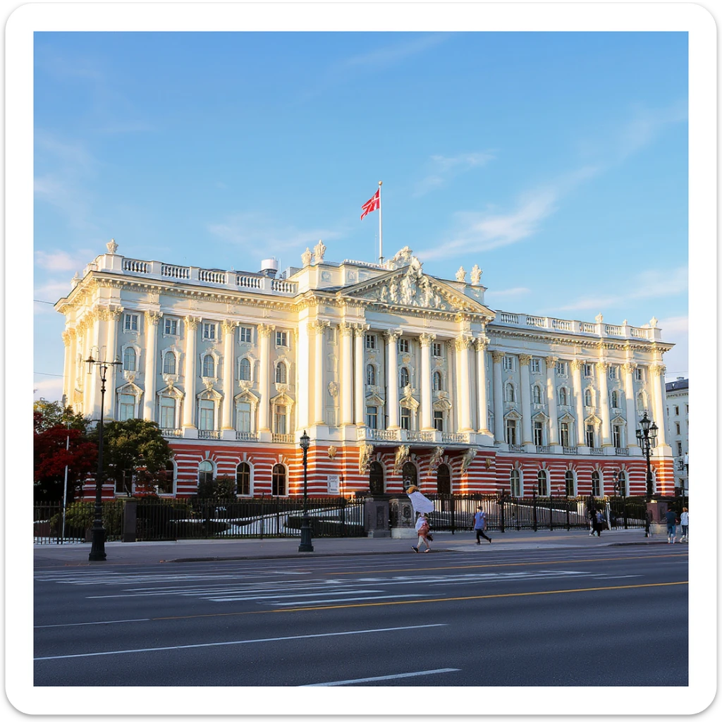 Zoom out for a wider angle view of the White House parliament building in Moscow, maintaining cinematic, realistic style with majestic ornate architecture, lifelike detail, bright lighting, and accurate colors. Keep everything else exactly the same with a fully transparent background and no sky. sticker
