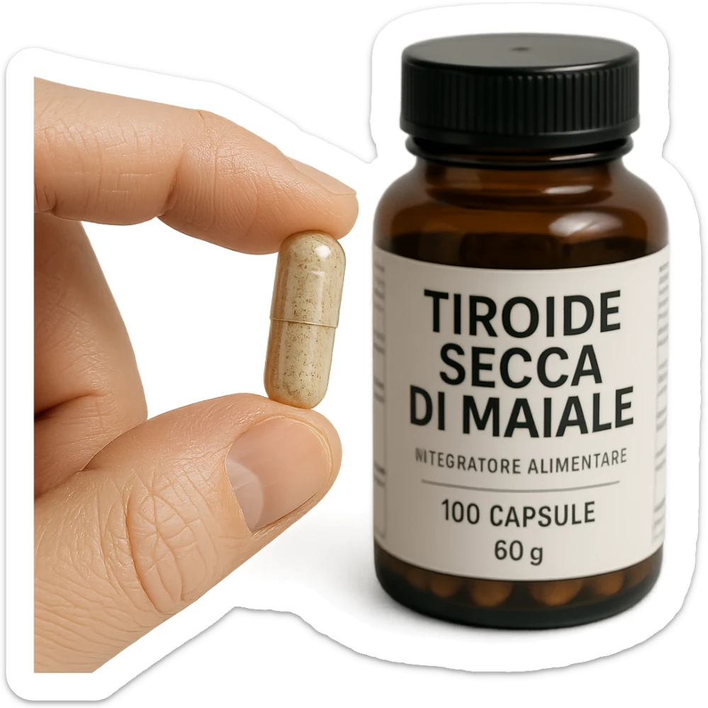 close-up of a hand holding a capsule of 'Tiroide Secca di Maiale' supplement, jar with readable label in the background, pharmaceutical style, 4K hyperrealism sticker