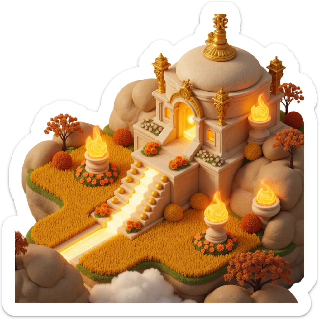 Floating divine farm in the sky, golden marble buildings, endless glowing cookie fields, radiant pipes flowing with energy, portals above crops sticker