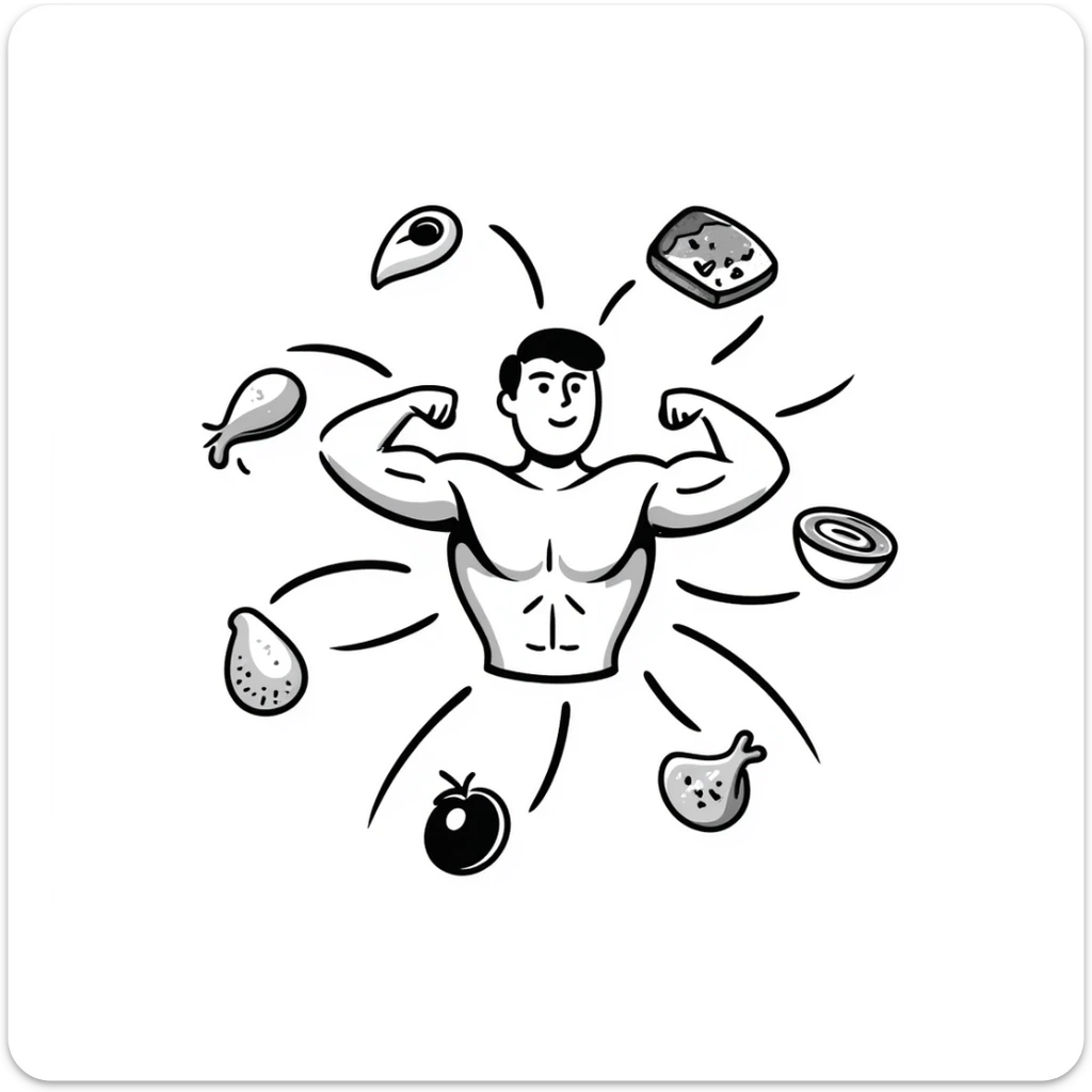 Glowing muscle fibers in the center, with protein foods (meat, egg, beans, tofu, yogurt) floating around but connected to each other forming a unified chain or cluster orbiting the muscle fibers. sticker