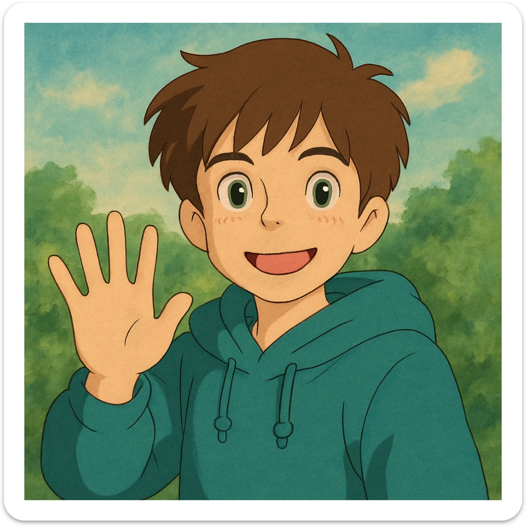 A boy brown hair green eyes with hoodie a hand and say hello sticker