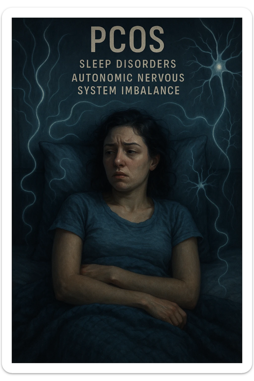 realistic and cinematic vertical illustration of a woman with PCOS in bed, sleep disorders and autonomic nervous system imbalance, agitated, symbols of nervous system imbalance, nighttime atmosphere, detailed, very few writings, 2:3 aspect ratio sticker