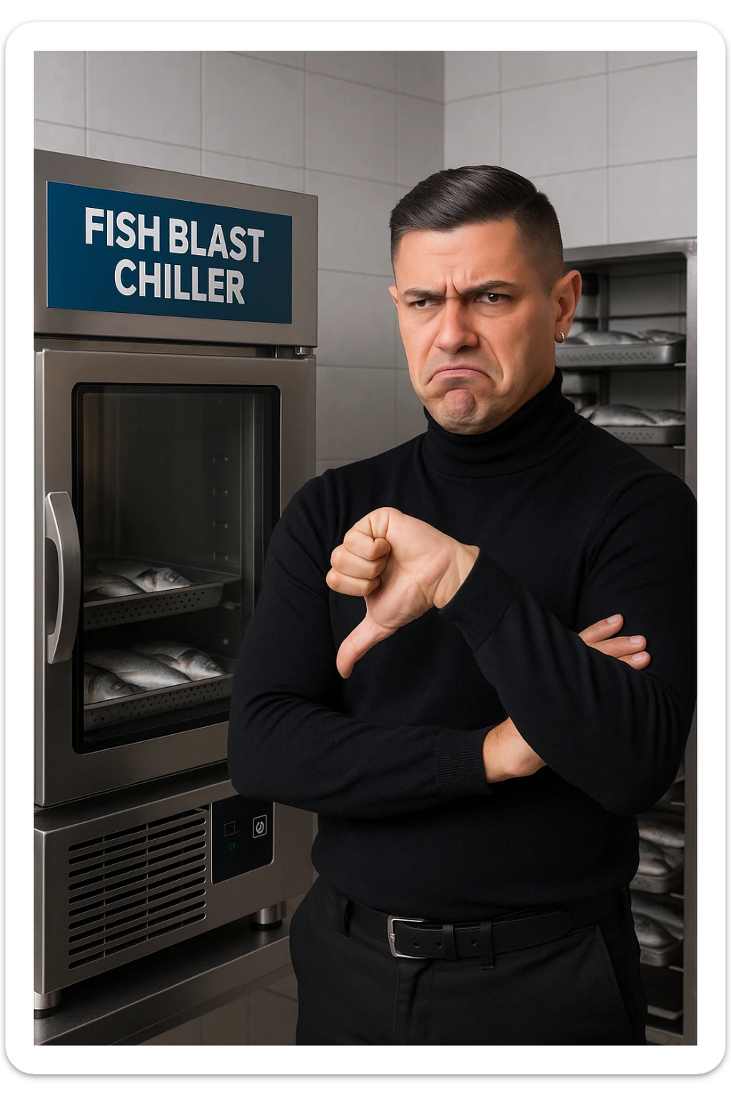 a man stands in front of a commercial fish blast freezer (abbattitore), arms crossed and a displeased, skeptical expression on his face. He shakes his head or gives a thumbs down, clearly rejecting the use of the freezer. The background shows a professional kitchen or fish processing area, with trays of fish ready for freezing. in italiano sticker