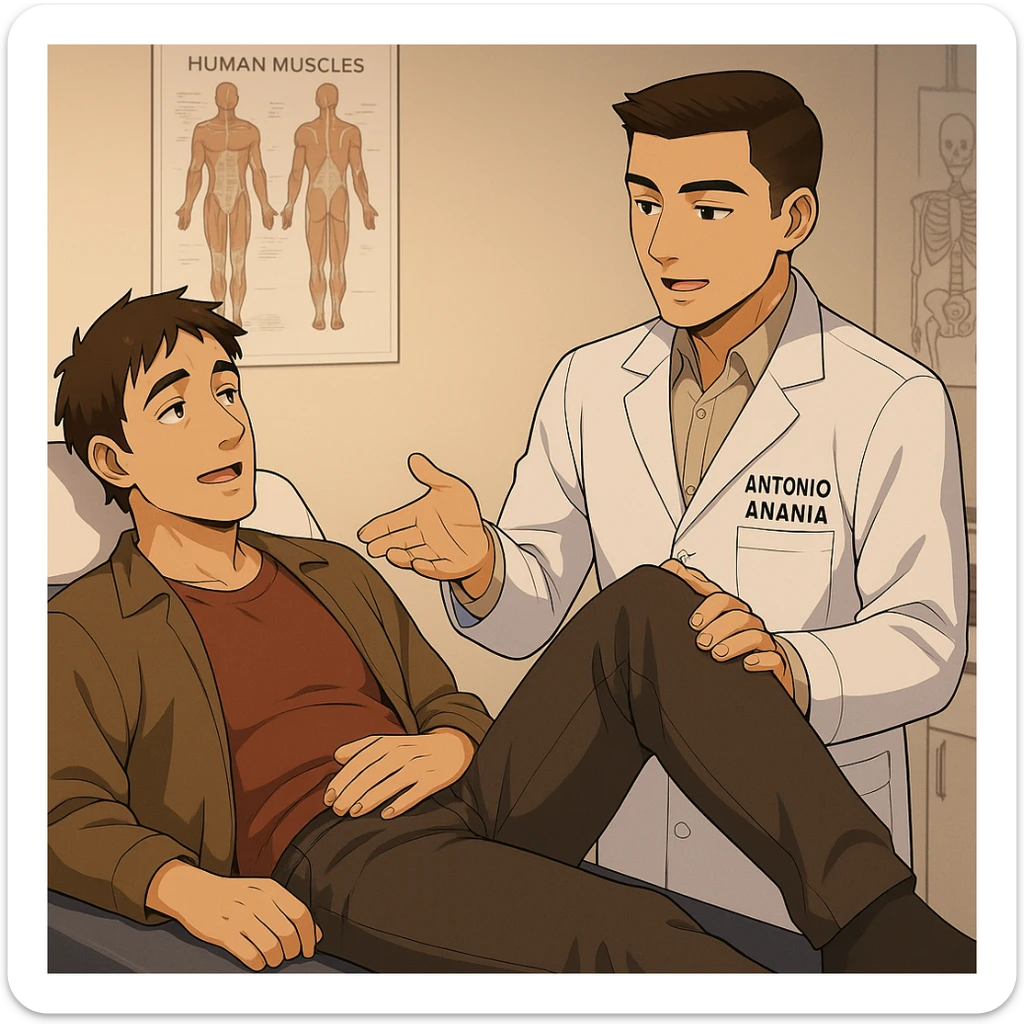 fai un webtoon manga a colori con questo stile, in cui un uomo è steso sul lettino medico e il kinesiologo con il camice bianco (fagli anche la scritta "ANTONIO ANANIA" SUL CAMICE, gli solleva una gamba per fargli il test neuromuscolare, IL KINESIOLOGO SPIEGA ALL'UOMO UNA cosa mentre gli alza la gamba. non fare i fumetti però, fai solo in modo che sembri stiano parlando sticker