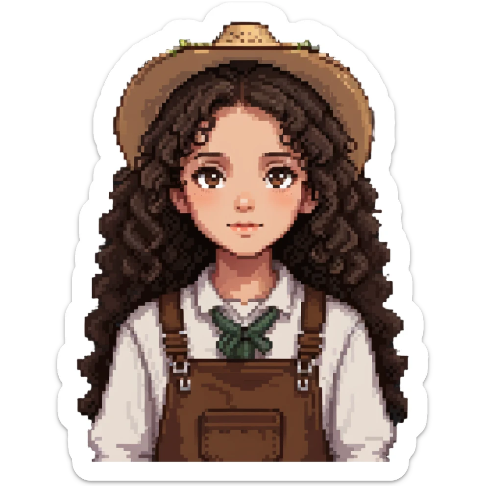 white girl with dark brown curly hair, brown eyes, wearing farm clothes sticker